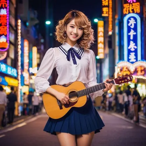 Ai Kirishima, Japanese idol, sweet smile, big brown eyes, curly blonde hair, gentle makeup, slender figure, white blouse, pleated miniskirt, striped socks, brown loafers, holding a guitar, standing, T