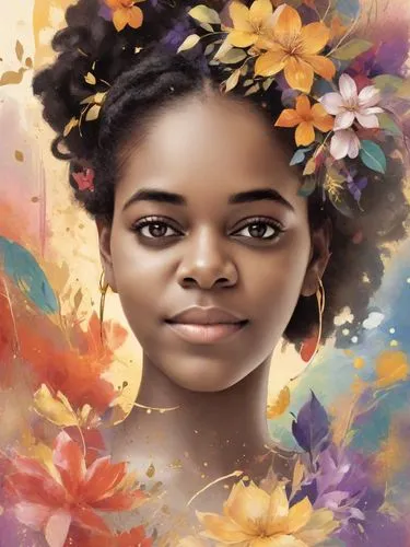 girl in flowers,african woman,portrait background,digital art,digital painting,afroamerican,digital artwork,world digital painting,girl in a wreath,afro-american,afro american girls,mystical portrait of a girl,african american woman,flower girl,african,beautiful girl with flowers,flower painting,nigeria woman,rosa ' amber cover,oil painting on canvas