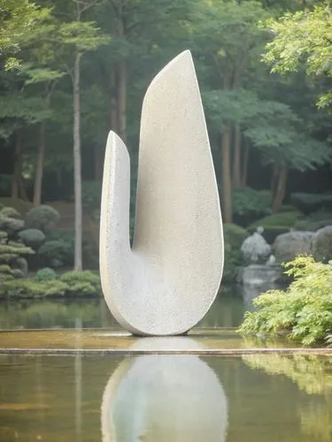 human sized sculpture in a Japanese garden with water feature. The soft reflelection of the sculpture can be seen in the foreground. People walk under the trees in the background with the sunlight bre