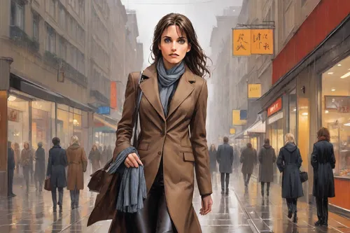 woman walking,overcoat,woman shopping,girl walking away,woman in menswear,businesswoman,bussiness woman,pedestrian,girl in a long,white-collar worker,trench coat,women clothes,long coat,a pedestrian,the girl at the station,salesgirl,sprint woman,stock exchange broker,women fashion,woman holding a smartphone,Digital Art,Comic