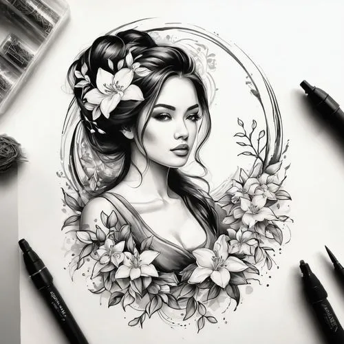 lotus art drawing,jasmine blossom,pencil art,rose flower drawing,pencil drawing,rose flower illustration,pencil drawings,geisha,jasmine flower,charcoal pencil,flower drawing,geisha girl,graphite,jasmine,a beautiful jasmine,floral wreath,magnolia,flower painting,rose drawing,fantasy portrait,Conceptual Art,Oil color,Oil Color 03