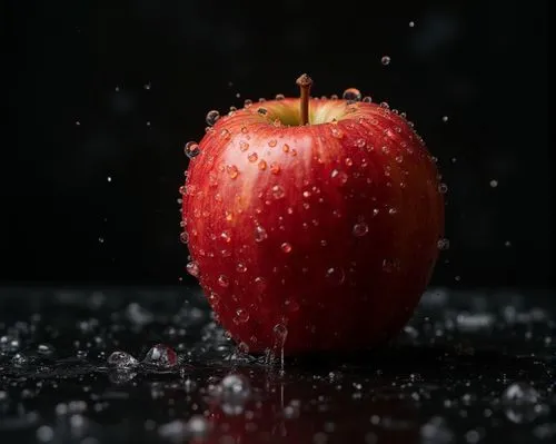 On black marble, with water droplets,apple,a red apple splashing in the water,red apple,piece of apple,ripe apple,bowl of fruit in rain,red apples,apple,Photography,Fashion Photography,Fashion Photogr