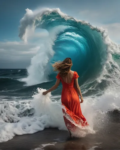 A thought-provoking conceptual photograph featuring a woman with a pained expression, forcefully tearing at the sea as if it were delicate paper. The waves crash around her, revealing a vibrant, multi