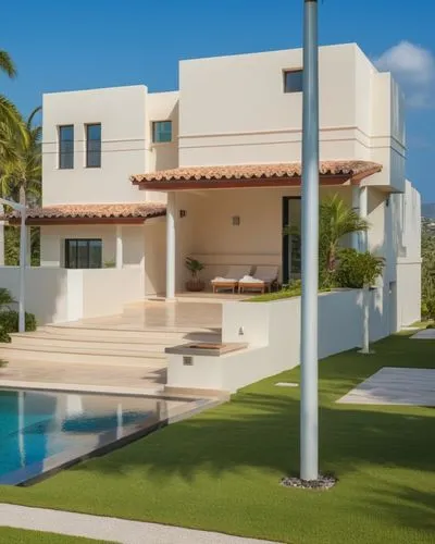 Luxurious villa, modernist architecture, clean lines, minimal ornamentation, large windows, sliding glass doors, sleek low-profile roofs, cream-colored stucco walls, lush greenery surroundings, palm t