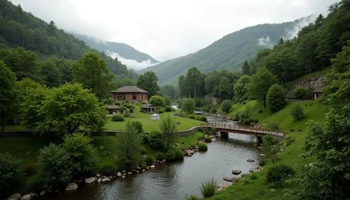 Sweeping hills, lush green forests, meandering streams, rustic wooden bridges, natural stone walls, curved lines, organic forms, earthy tones, blending boundaries, seamless transitions, harmonious coe