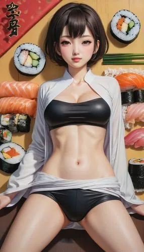 sushi art,sushi,sushi set,sushi plate,sushi japan,japanese cuisine,sushi roll images,gimbap,narutomaki,japanese meal,japanese food,japanese restaurant,raw fish,sushi rolls,japanese culture,japanese woman,rice meat,japanese,asian cuisine,japanese art,Illustration,Realistic Fantasy,Realistic Fantasy 08