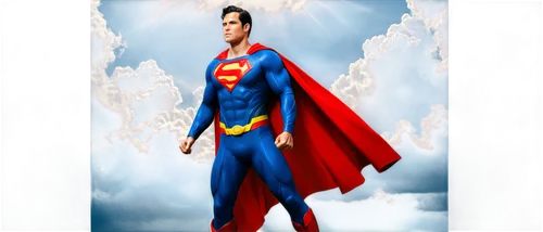 Superman, muscular man, blue suit, red cape, yellow belt, iconic logo on chest, flying pose, dynamic movement, clouds in background, bright sunlight, dramatic lighting, 3/4 composition, shallow depth 