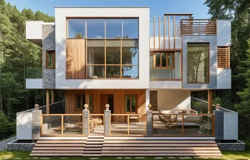 there is a large house with wooden stairs,cubic house,modern house,modern architecture,3d rendering,timber house,prefab,Photography,General,Realistic