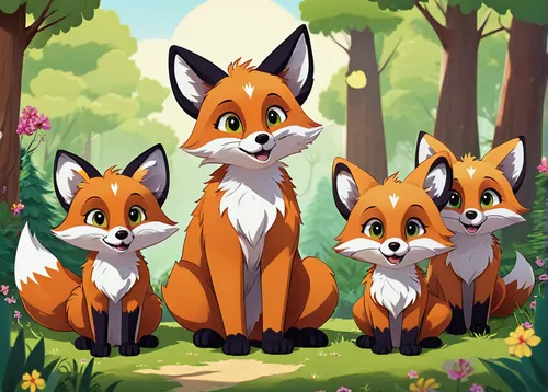 foxes,garden-fox tail,fox stacked animals,fox hunting,horsetail family,child fox,buckthorn family,cartoon forest,iris family,cute fox,ivy family,redfox,little fox,caper family,vulpes vulpes,woodland animals,birch family,daisy family,group photo,forest animals,Art,Artistic Painting,Artistic Painting 47