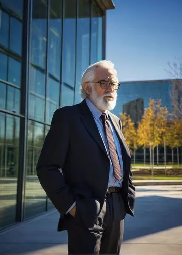 Mature gentleman, bespectacled, white hair, beard, suit, tie, briefcase, standing, lecturing, university campus, modern building, glass walls, steel structure, urban landscape, afternoon sunlight, war