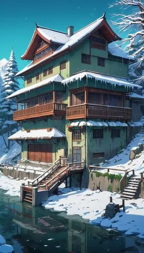 winter house,house with lake,haakonsen,house in the mountains,house in mountains,korean village snow,ryokan,winter village,winter background,onsen,ski resort,house by the water,snow roof,houseboat,butka,winter lake,kamuy,the cabin in the mountains,alpine village,snow scene,Illustration,Japanese style,Japanese Style 03