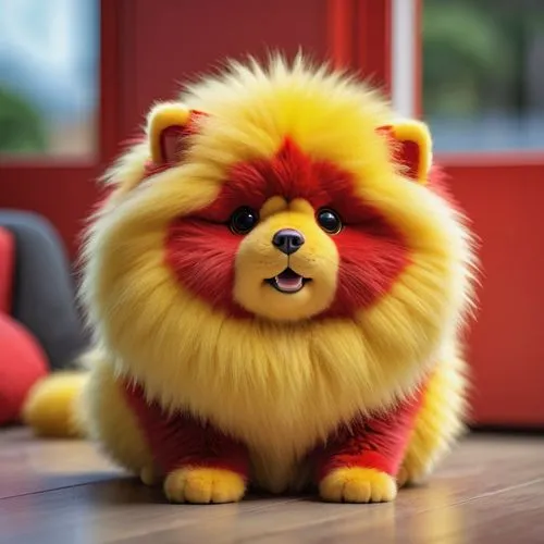 red and yello,fluffy, plush, 3D art, depth of field,high quality,high detail,high degree of precision,,pomeranian,chow-chow,chow chow,little lion,german spitz mittel,german spitz,german spitz klein,to