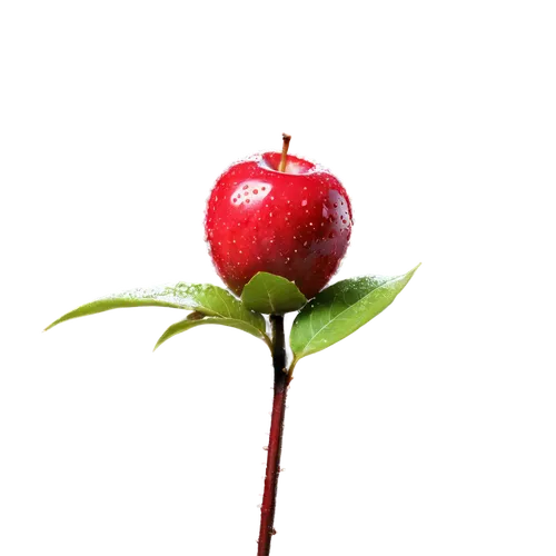 High-definition apple, solo, red skin, shiny surface, detailed texture, juicy flesh, green leaf attached, stem on top, morning dew, soft natural light, close-up shot, 1/2 composition, shallow depth of