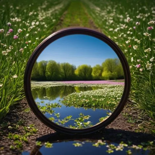 mirror in the meadow,magnify glass,miroir,lens reflection,parabolic mirror,magic mirror,Photography,General,Fantasy