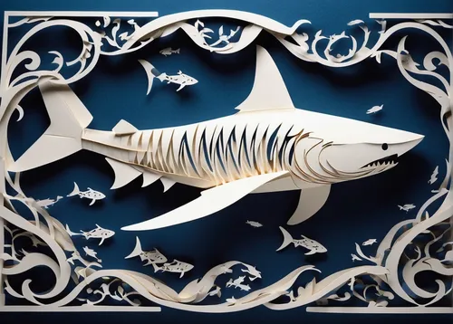 coelacanth,blue sea shell pattern,nautical banner,requiem shark,blue fish,blue stripe fish,cetacea,blue and white porcelain,sand tiger shark,koi fish,forage fish,koi carp,tiger shark,aquarium decor,great white shark,fishbones,fish skeleton,thunnus,heraldic animal,forest fish,Unique,Paper Cuts,Paper Cuts 03