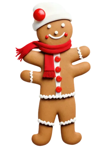 Gingerbread man, clip-art style, cartoonish, sweet smile, icing details, colorful buttons, white hat, red scarf, festive atmosphere, frontal view, straight legs, standing pose, vibrant colors, playful