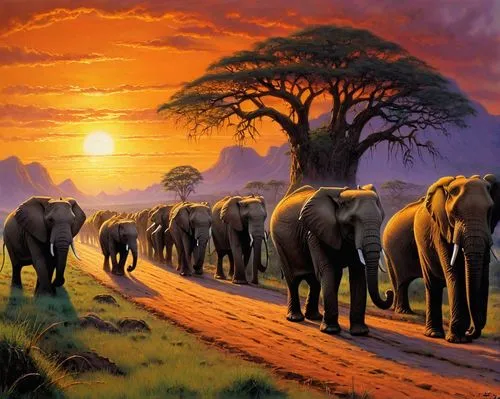 elephant herd,african elephants,cartoon elephants,elephants,african elephant,elephunk,Illustration,Realistic Fantasy,Realistic Fantasy 32