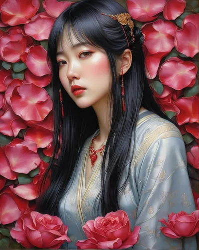 oriental princess,oriental girl,jasmine blossom,chinese art,mulan,red petals,japanese art,geisha girl,geisha,fantasy portrait,oriental,asian woman,oriental painting,plum blossoms,hanbok,japanese woman,lotus blossom,cherry petals,world digital painting,camellia blossom,Illustration,Realistic Fantasy,Realistic Fantasy 08