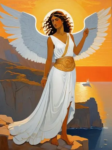 Harpyai, ancient Greek mythical creature, half-bird half-maiden, delicate facial features, curly brown hair, feathered wings, bare chest, flowing white robes, golden belt, standing on a cliff overlook