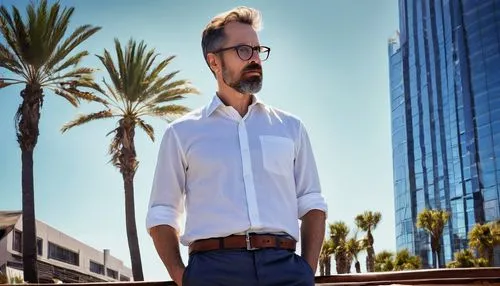 Male architect, mature, 40s, serious expression, black framed glasses, short brown hair, beard, white shirt, rolled up sleeves, dark blue jeans, brown leather belt, holding a blueprint, standing, Long