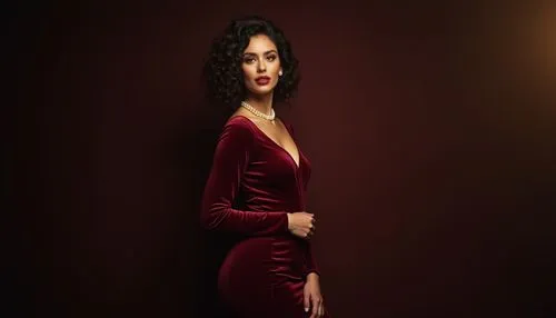 Burgundy wine color, luxurious, elegant, sophisticated, mature lady, curly hair, subtle makeup, pearl necklace, red lipstick, high-end fashion, velvet dress, long sleeves, bodycon, mermaid silhouette,