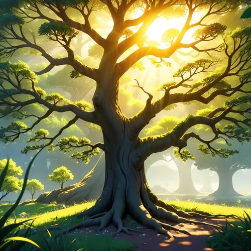 arvore e o sol,the sun is shining through the nches of a tree,cartoon video game background,oak tree,celtic tree,yggdrasil,baobabs,tree silhouette,Anime,Anime,General