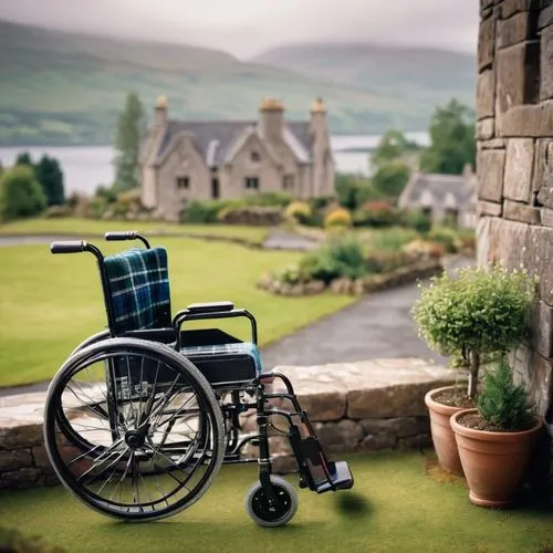 Scottish, caring, solo, gentle, peaceful, elderly care home, wooden wheelchair, walking stick, tartan blanket, warm lighting, cozy atmosphere, stone walls, large windows, greenery views, Scottish High