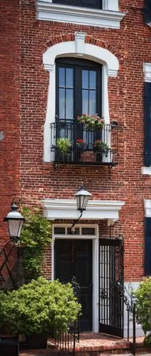 Historic Williamsburg, colonial-style building, red brick facade, white wooden door, ornate black metal gate, lanterns hung from roof, curved staircases, wooden shutters, flower-filled window boxes, A