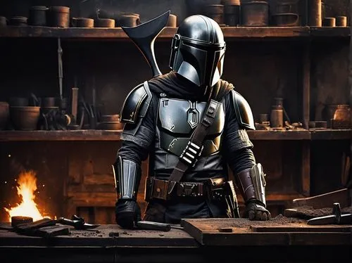 Mandalorian, armor maker, male, muscular, strong jawline, ponytail, beard, scar above eyebrow, black leather apron, metalworking tools, hammer, anvil, molten metal, sparks flying everywhere, dimly lit