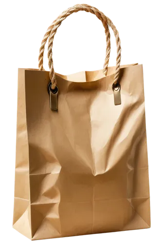 Shopping bag, brown paper material, crumpled texture, twisted rope handle, golden metal buckle, worn-out edges, soft shadows, warm color tone, 3/4 composition, shallow depth of field, realistic lighti