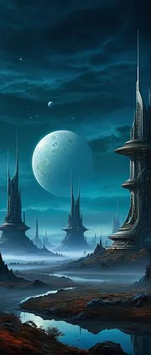 futuristic landscape,fantasy landscape,fantasy picture,lunar landscape,ancient city,alien world,cardassia,sulaco,alien planet,ordos,citadels,barsoom,homeworld,atlantis,fantasy city,uzala,homeworlds,coruscant,kornak,imperial shores,Illustration,Realistic Fantasy,Realistic Fantasy 22