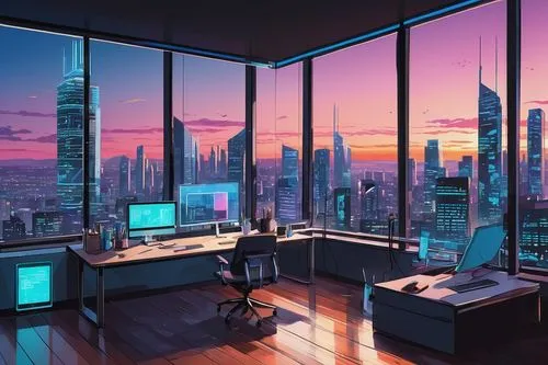 modern office,cybertown,cybercity,sky apartment,cyberscene,computer room,modern room,cyberpunk,mainframes,cityscape,electrohome,futuristic landscape,the server room,cyberview,cyberworld,cyberport,skyscrapers,smartsuite,virtual world,skyscraping,Illustration,Japanese style,Japanese Style 06