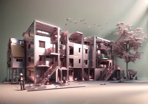 cube stilt houses,3d rendering,cubic house,3d render,apartment house,render,model house,3d rendered,an apartment,apartment block,hanging houses,apartment building,townhouses,habitat 67,human settlement,apartment complex,wooden houses,miniature house,stilt houses,cube house