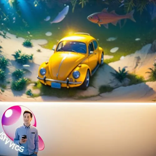 an employee standing in front of a brightly colored wall painting of a yellow car,innoventions,youtube background,techradar,volkswagen beetle,gameloft,car rental,Illustration,Realistic Fantasy,Realist