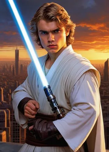 Anakin Skywalker, young adult, Jedi Knight, masculine, strong facial features, short blonde hair, blue eyes, scar above left eyebrow, white Jedi robe, brown utility belt, lightsaber hilt at hip, confi