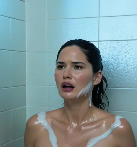 Olivia Munn in the shower covered in soap,a woman has been in the shower and is rubbing her face,wet,soapsuds,showering,conditioner,shower,lather