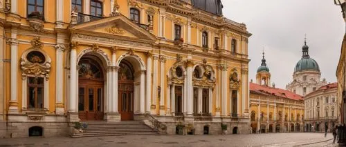 Eastern European architecture, Baroque style, grand building, ornate details, intricate stonework, golden domes, red rooftops, white columns, arches, balconies, grand entrance, stone stairs, luxurious