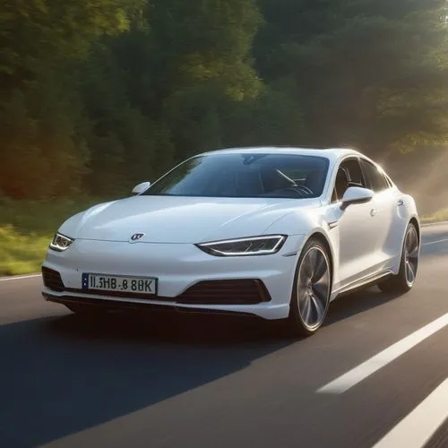 white car driving on the road during a sunset,teslas,sport coupé,model s,audi avus,bugatti chiron,polestar,Photography,General,Realistic