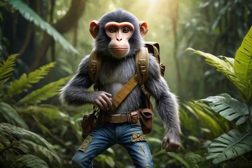 Anthropomorphic monkey, standing upright, strong muscular arms, detailed fur texture, curious expression, bright inquisitive eyes, wearing a tiny backpack, holding a small compass, adventure outfit, r