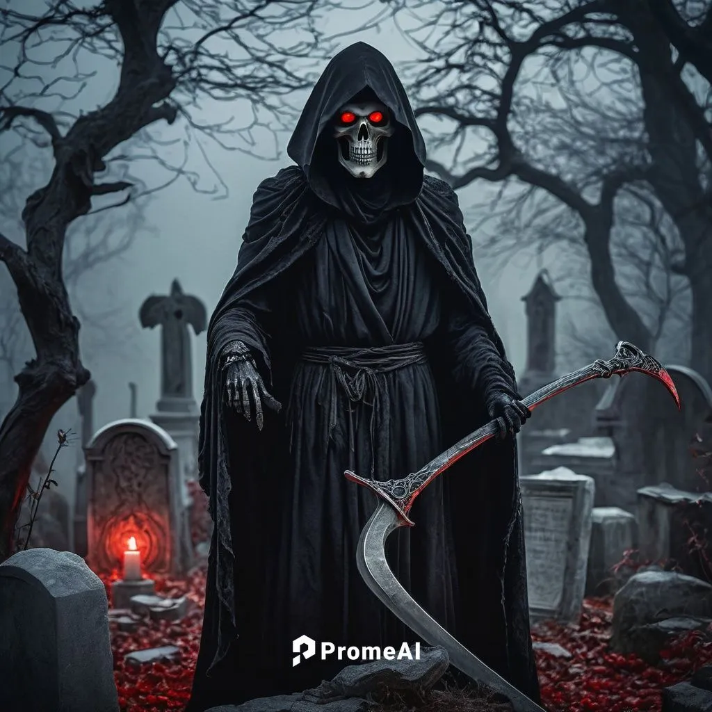 Grim Reaper, dark fantasy, skeletal figure, black hooded cloak, scythe in hand, glowing red eyes, pale skin, bony fingers, eerie misty background, abandoned graveyard, crumbling stone statues, twisted