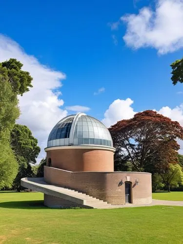 A brick building used as an observatory and astronomy in the center of a park,a circular building sitting on top of a green field,planetarium,observatory,observatories,planetariums,observatoire,syon p