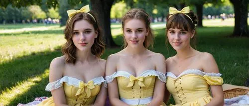 
, Three, three beautiful females, beautiful, flirty, attractive, active, females, direct eye contact, flirty, flirty exposed shoulders, strapless top, lemon tree yellow ice cream colored uniform, 7/8