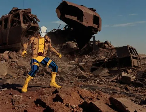 Morph from X-Men '97 in front of a destroyed Sentinel in an apocalyptic wasteland.,Morph in Days of Future Past,cyrax,zartman,dreadstar,superwasp,xmen,sinestro