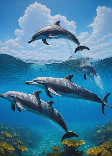 A pod, school, or herd of dolphins, jumping, playing, swimming, in unison, shiny, wet, smooth skin, dorsal fin, blowhole, aquatic, ocean, coral reef, seaweed, sunny day, clear turquoise water, splashi