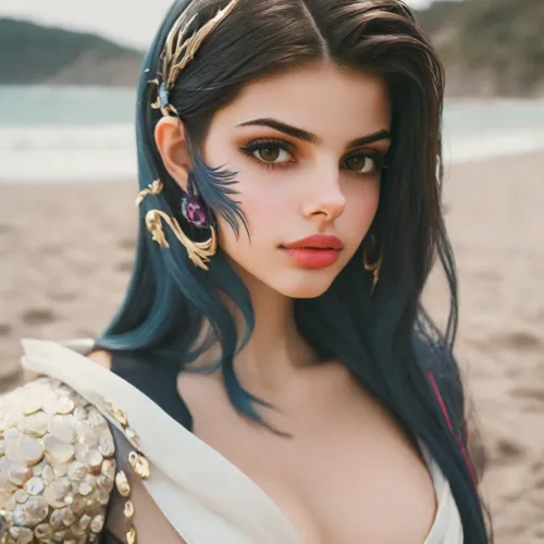 cleopatra,realdoll,fantasy portrait,earrings,doll paola reina,princess' earring,fantasy woman,arabian,moana,fantasy girl,the sea maid,female doll,beach background,rapunzel,beach shell,violet head elf,fantasy art,mermaid,beautiful woman,seashell