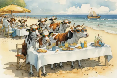 beach restaurant,thousand island dressing,new england clam bake,donkey of the cotentin,bay horses,beach bar,island poel,hors' d'oeuvres,people on beach,oxen,bahian cuisine,portuguese galley,sea foods,breton,andalusians,sea food,pilgrims,seaside country,horse herd,coconuts on the beach,Illustration,Paper based,Paper Based 29