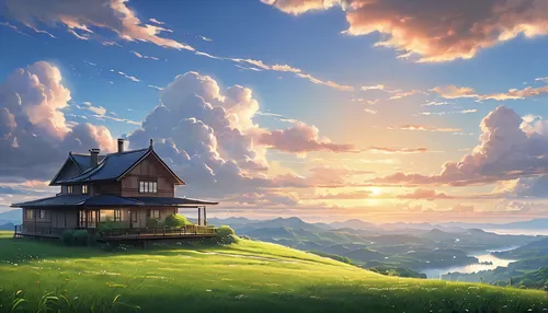 studio ghibli,home landscape,dreamhouse,ghibli,little house,lonely house,roof landscape,sylvania,fantasy landscape,summer cottage,landscape background,windows wallpaper,beautiful home,sky apartment,house in mountains,house in the mountains,house silhouette,the cabin in the mountains,housetop,cottage,Photography,General,Natural