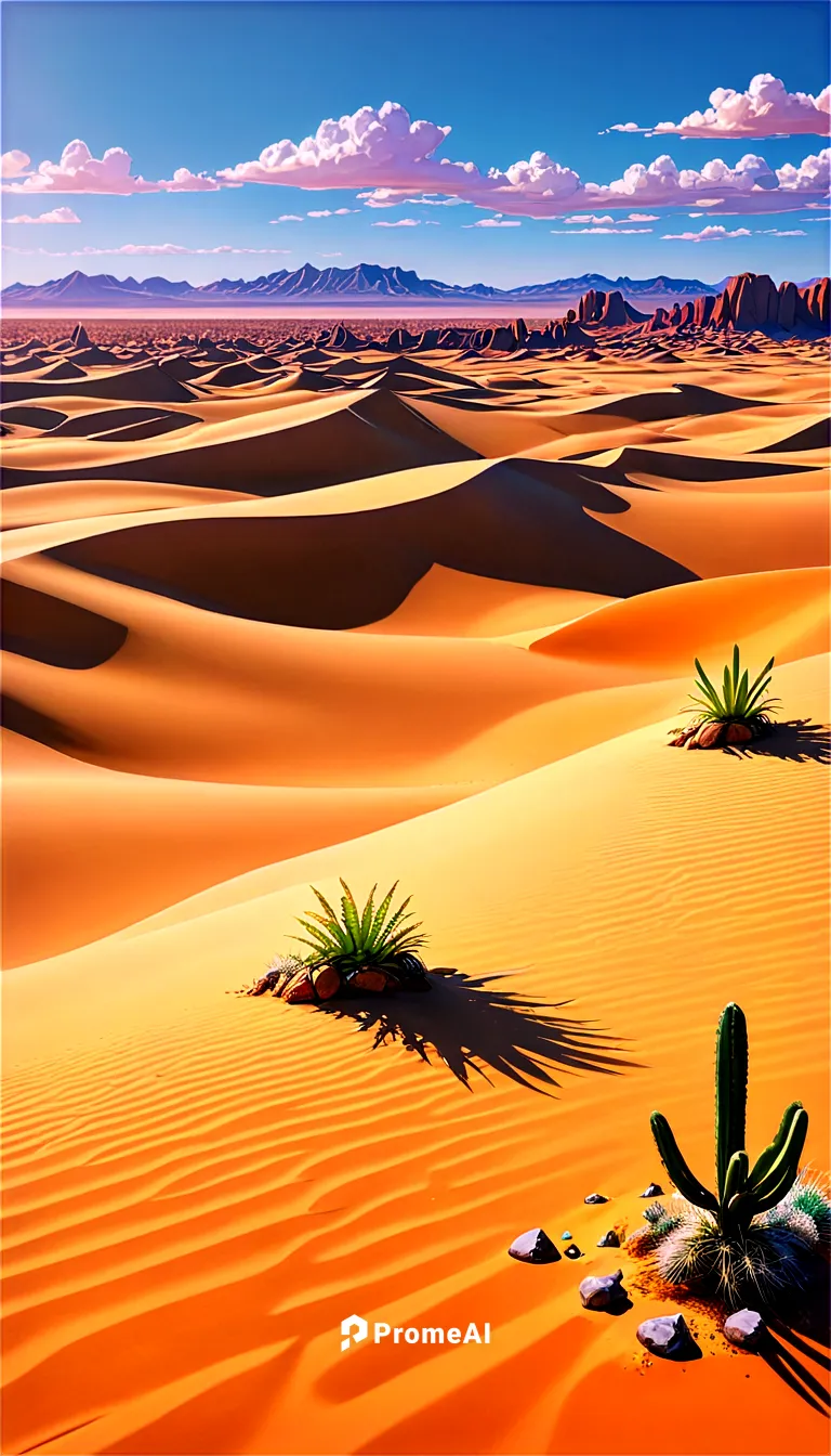 Desert landscape, endless dunes, golden sand, clear blue sky, few puffy white clouds, rocky outcrops, cacti, sunny weather, dramatic shadows, panoramic view, high dynamic range, warm color tone, cinem