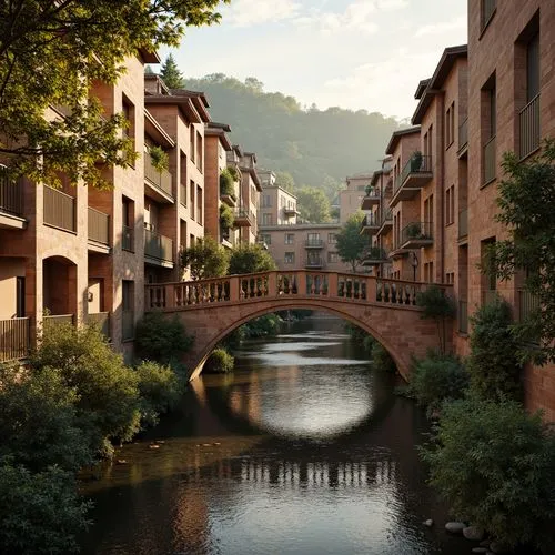 Rustic stone bridges, ornate balustrades, weathered wooden railings, earthy terracotta hues, muted sienna tones, warm golden lighting, soft misty atmosphere, serene river waters, lush greenery, vibran