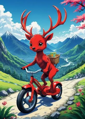 beulah,red bicycle,monoceros,antlers,freebsd,lammy,Illustration,Japanese style,Japanese Style 04